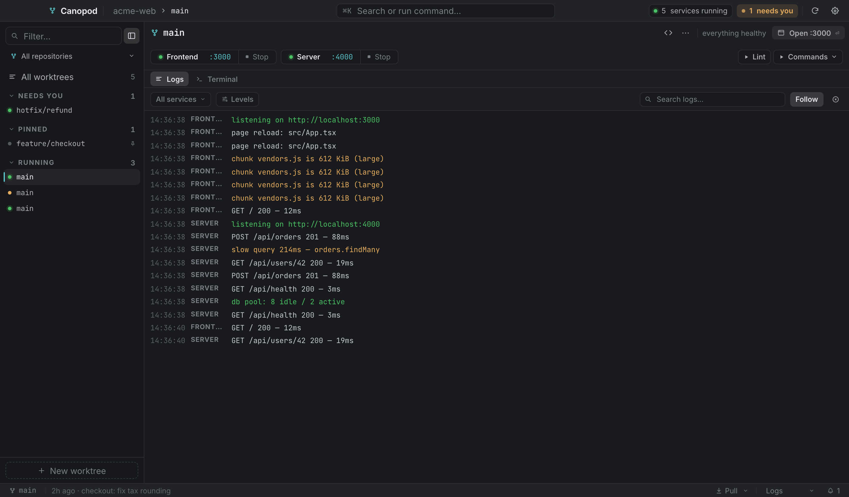 Canopod's real interface with worktrees in the sidebar, running Frontend and Server services, and their combined logs.
